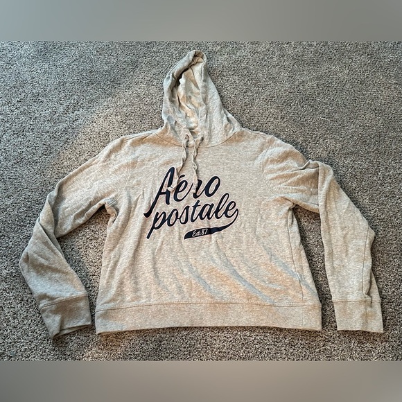 AEROPOSTALE L Gray Pullover Hoodie Navy Pink Cursive Logo Sweatshirt R $45 - Picture 1 of 5